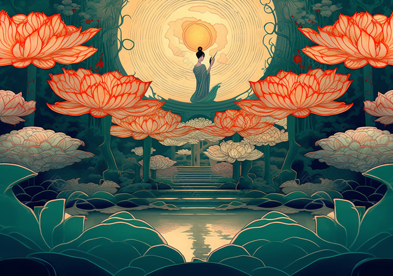 观音莲花场景插画背景,插画/手绘图,插画/手绘图库,插画/手绘图下载,插画/手绘